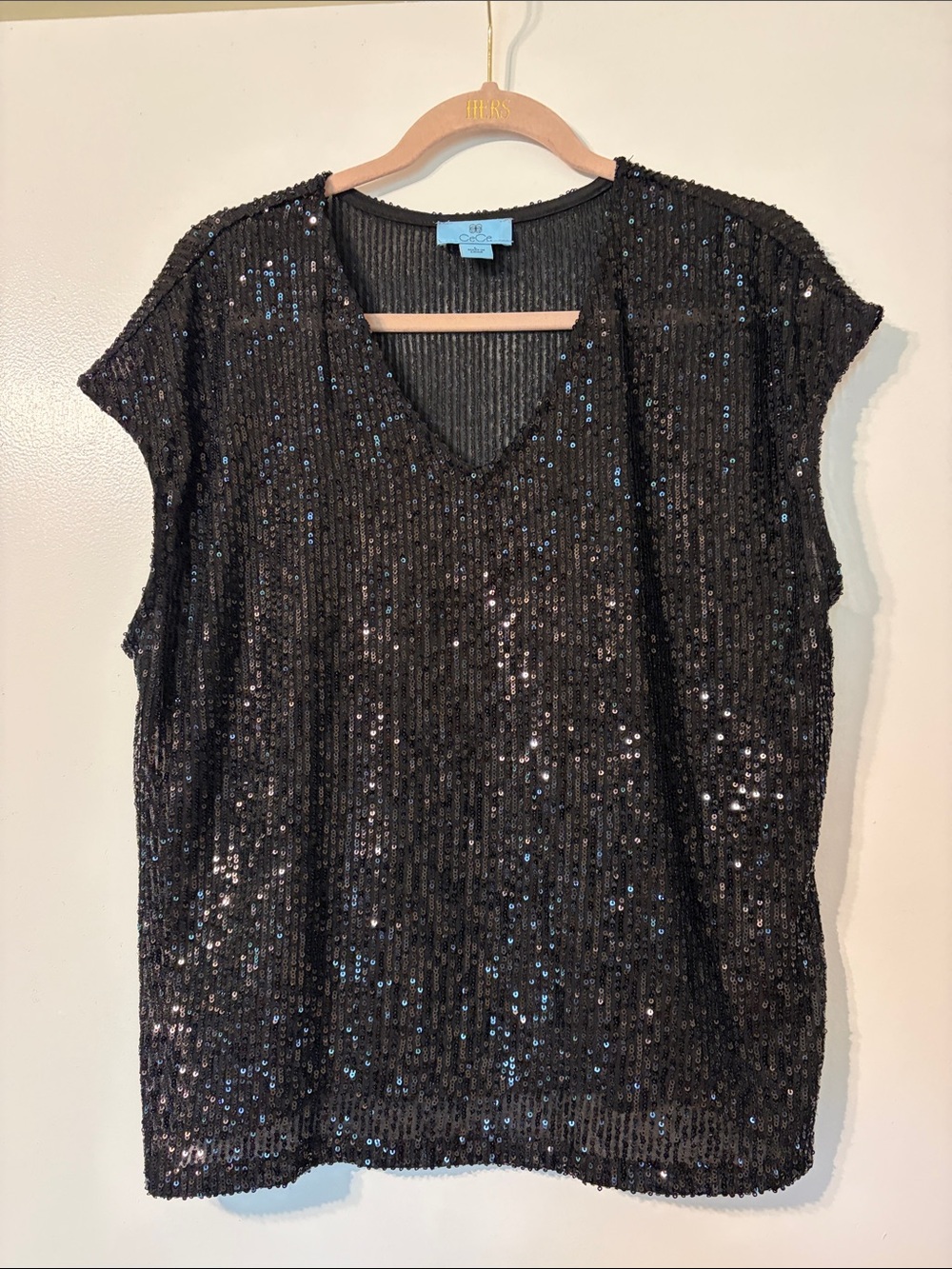 CeCe Black Sequin V-Neck Short Sleeve Top